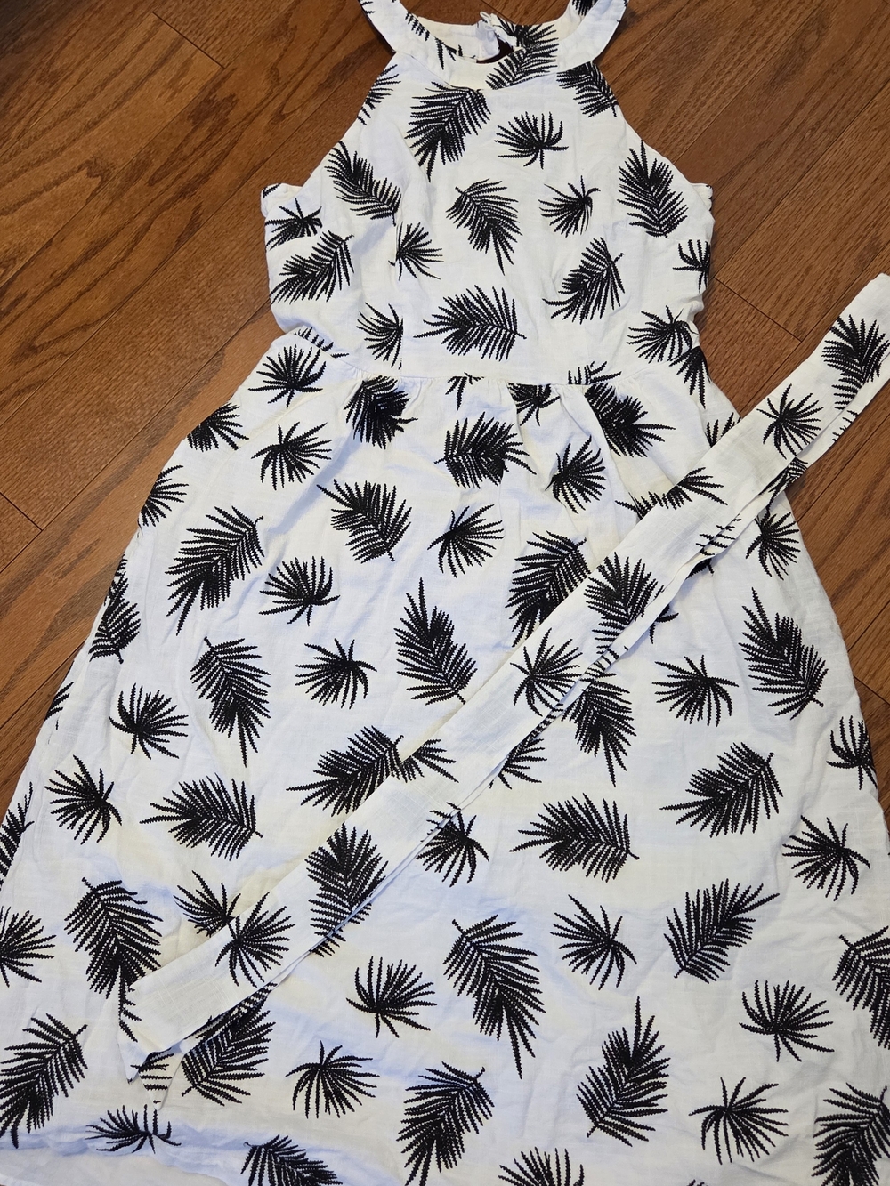Talbots White Halter Midi Dress with Black Palm Print